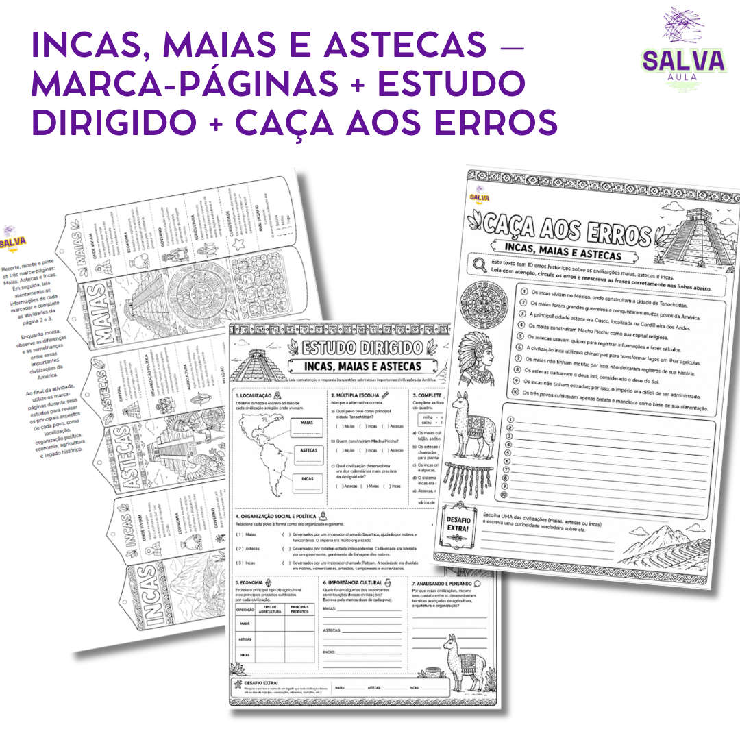 Incas, Maias e Astecas – Marca-Páginas + Estudo Dirigido + Caça aos Erros